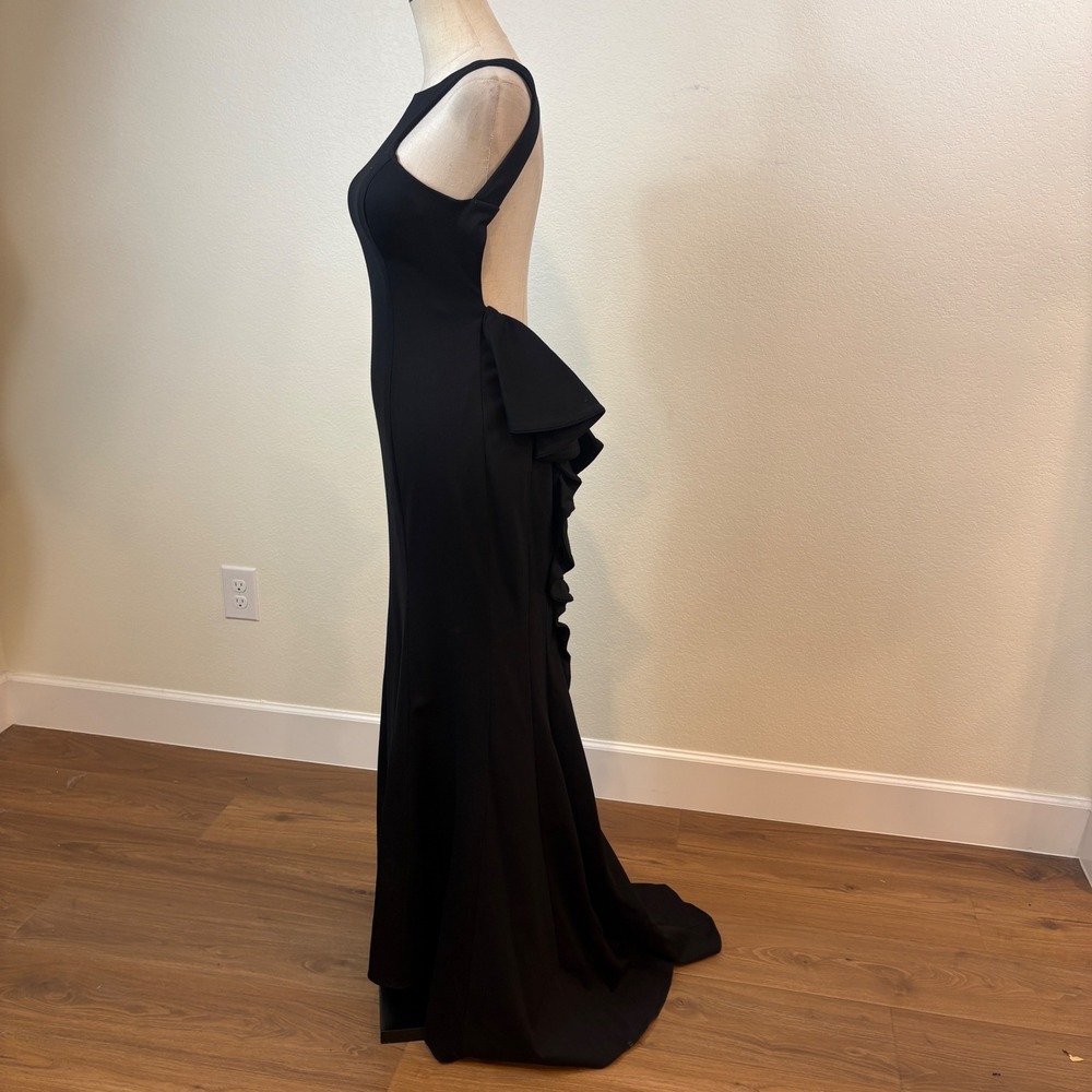 XSCAPE Gown Women 4 Black Open Back Ruffle Peplum Cutout Maxi Train minimalist - Picture 4 of 11